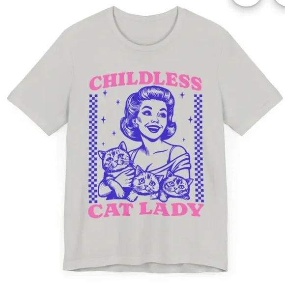 Bella Canvas Cream Childless Cat Lady T-Shirt with Purple and Pink Graphics - Picture 7 of 7